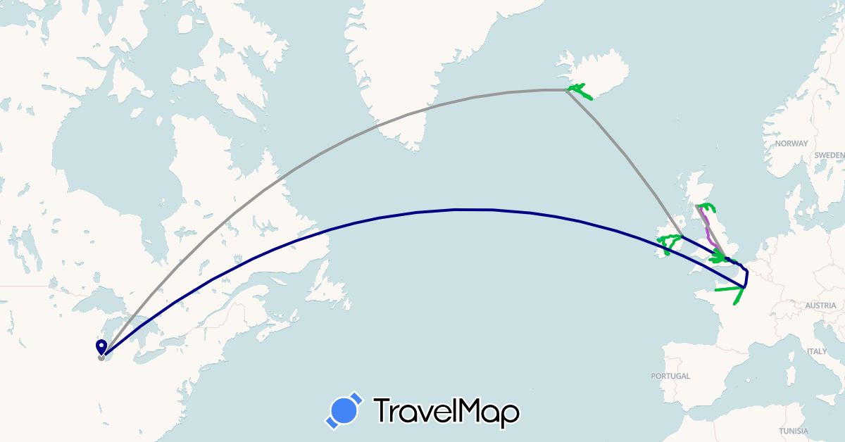 TravelMap itinerary: driving, bus, plane, train, hiking, boat in France, United Kingdom, Ireland, Iceland, United States (Europe, North America)